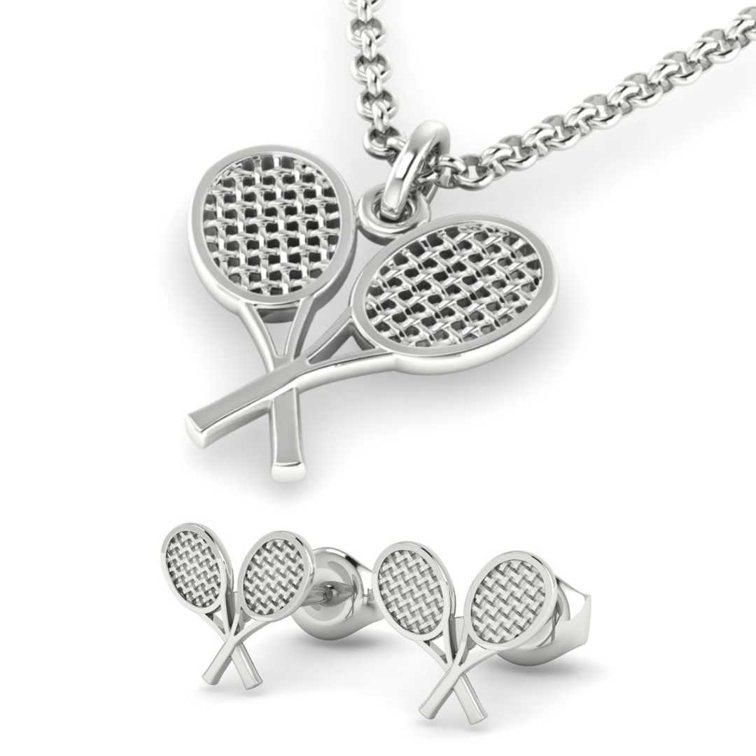 Tennis Double Racket Studs and Matching Pendant Gift Set - Sports Jewelry